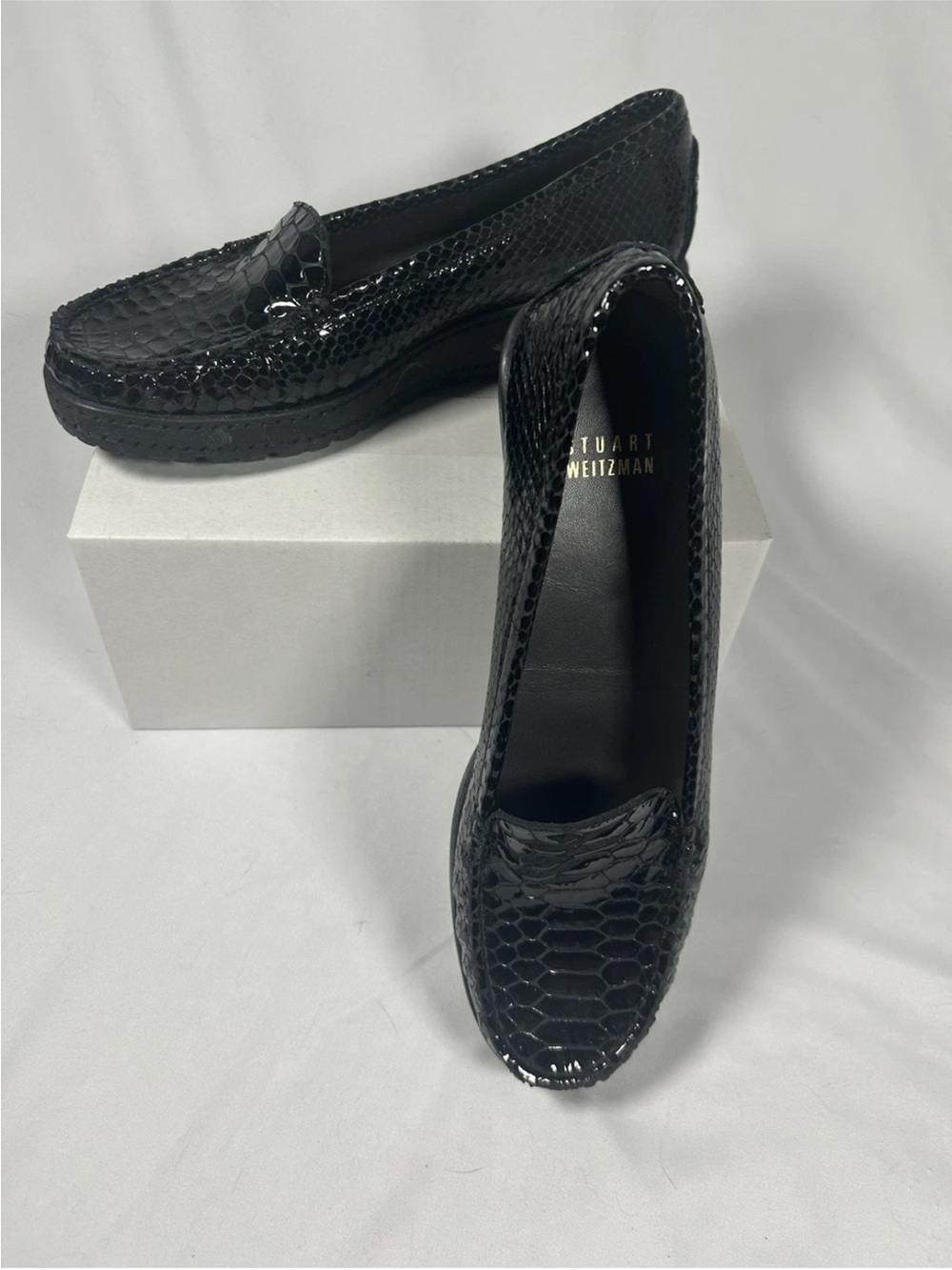 Stuart Weitzman Black Patent Snake-Embossed Loafers — Glossy Slip-On Flats